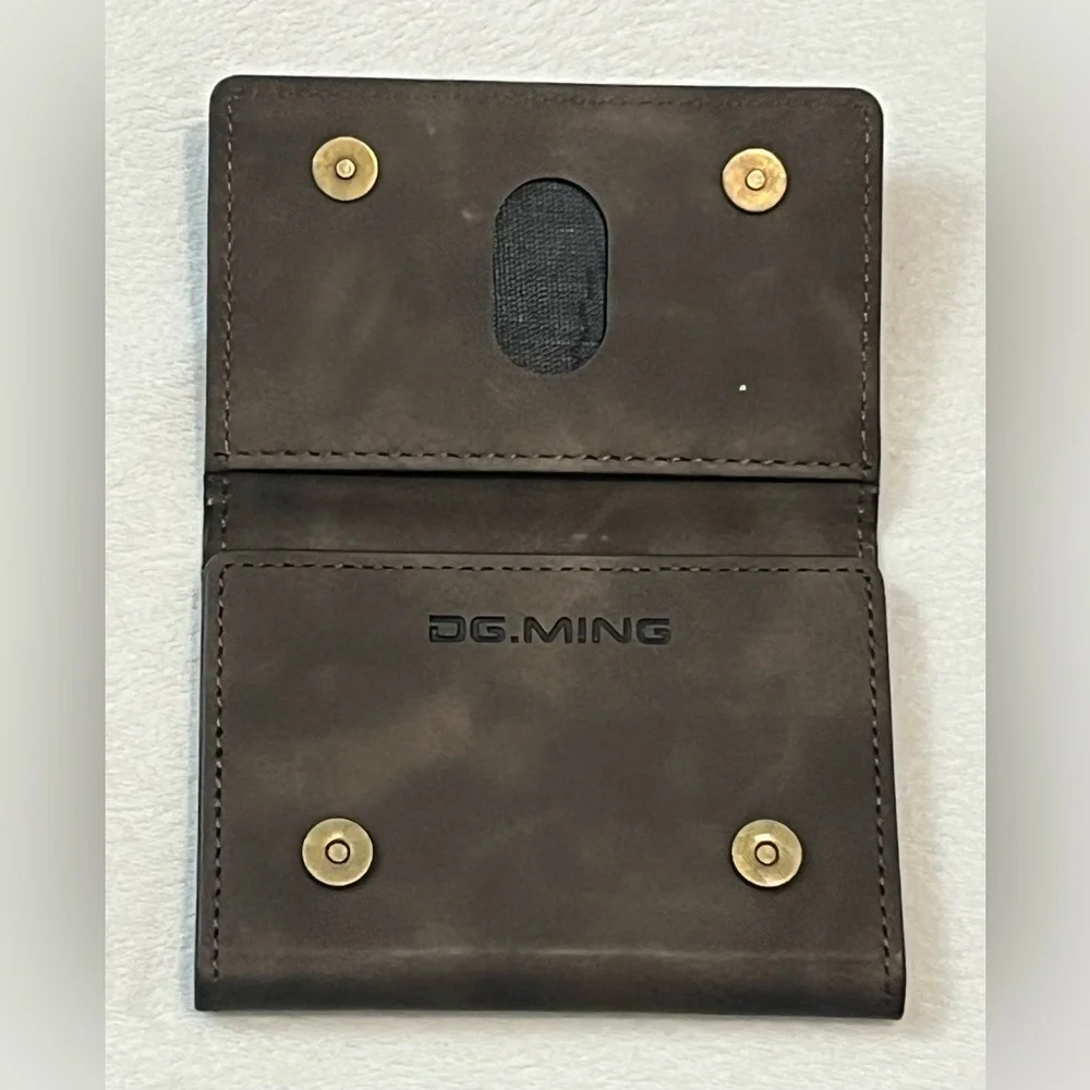 DG.MING Brown Leather Tri-Fold Magnetic Wallet
